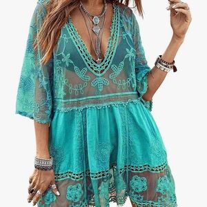 Elegant Teal Lace Swim Cover-Up